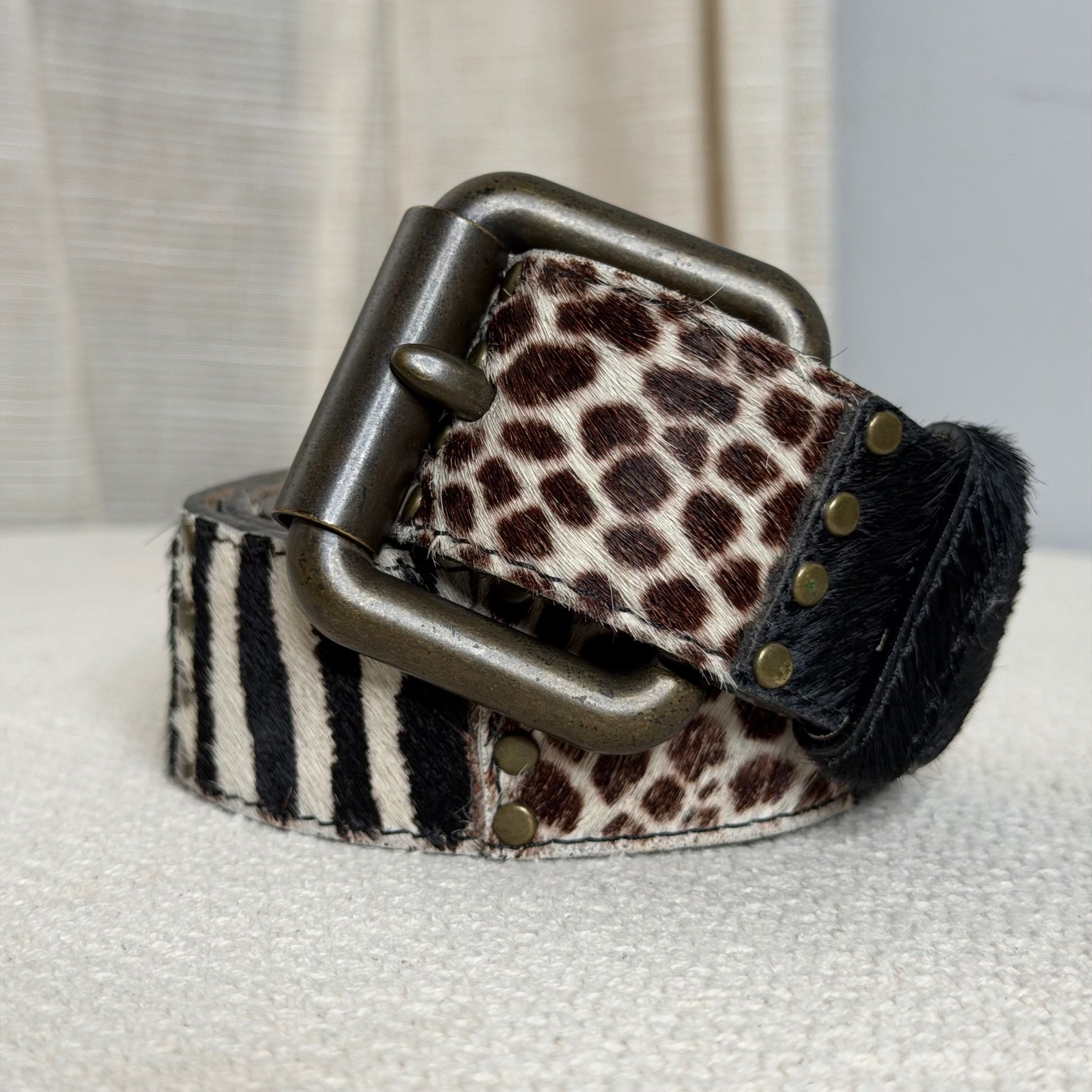 Streets Ahead Calf Hair Animal Print Studded Belt Zebra Cheetah Womens L 32"/36"